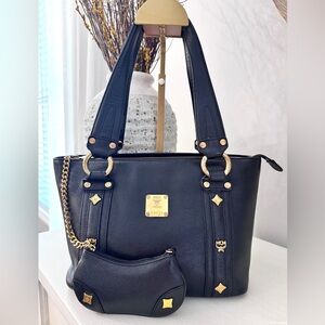 MCM Black Leather Tote Shoulder Pouch Gold Hardware Designer Work Bag Classic